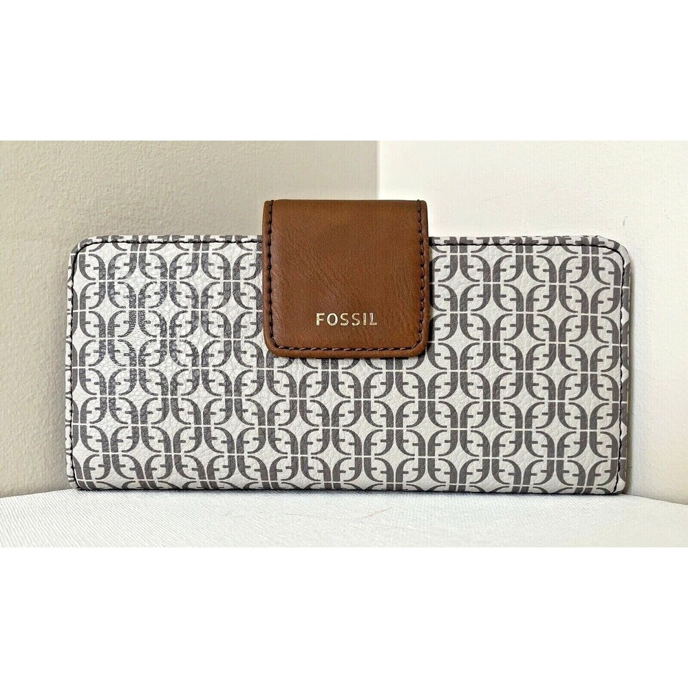 New Fossil Madison Slim Clutch Wallet Taupe / Tan Multi